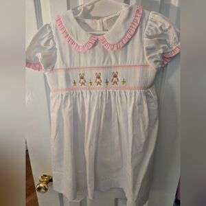 Pink and White Easter Dress with Embroidered Smocked Bunnies  Design